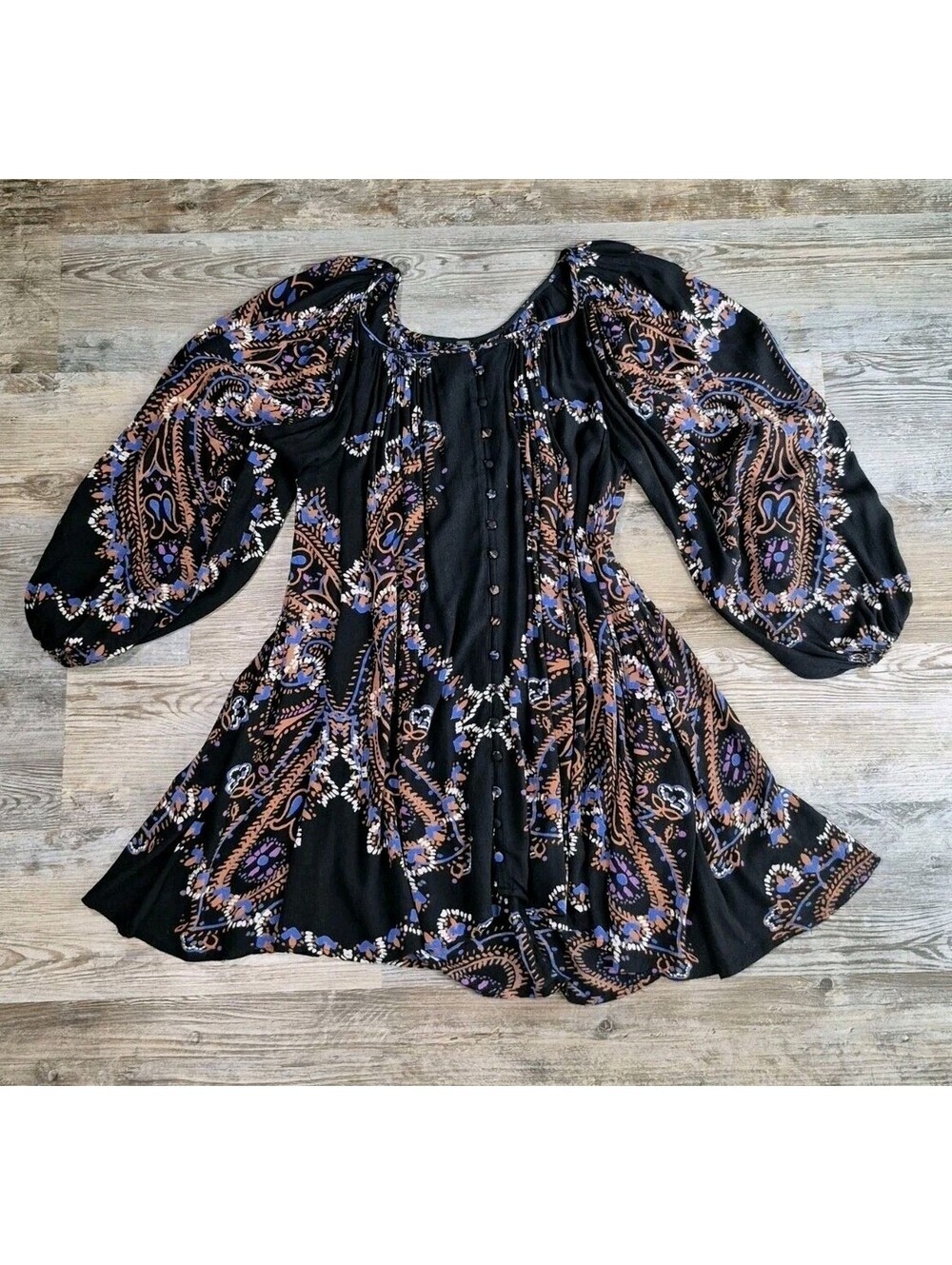 Free People Whimsy Goth Paisley Flowy Sleeve Button Down Scoop Neck Blouse Sz XS